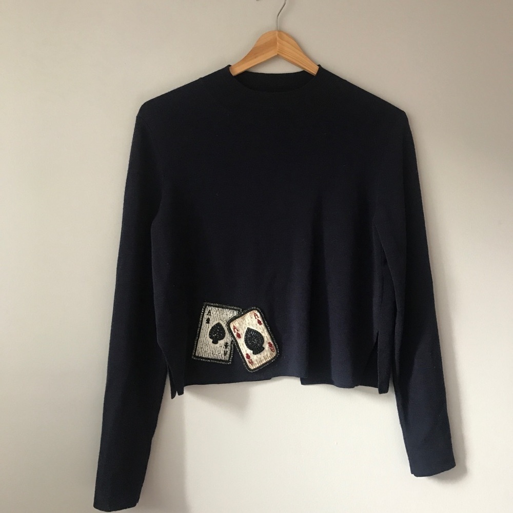 L’EDITION Elevated Maximalist Bold Wool Navy Beaded Ace Long Sleeve Sweater